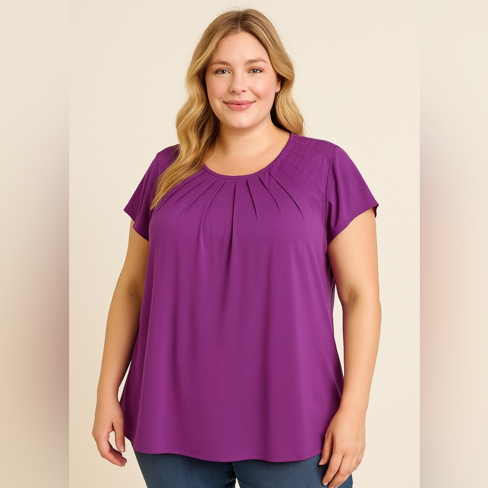 Cato Woman Purple Pleated Blouse 14/16 Flowy Short Sleeve Top